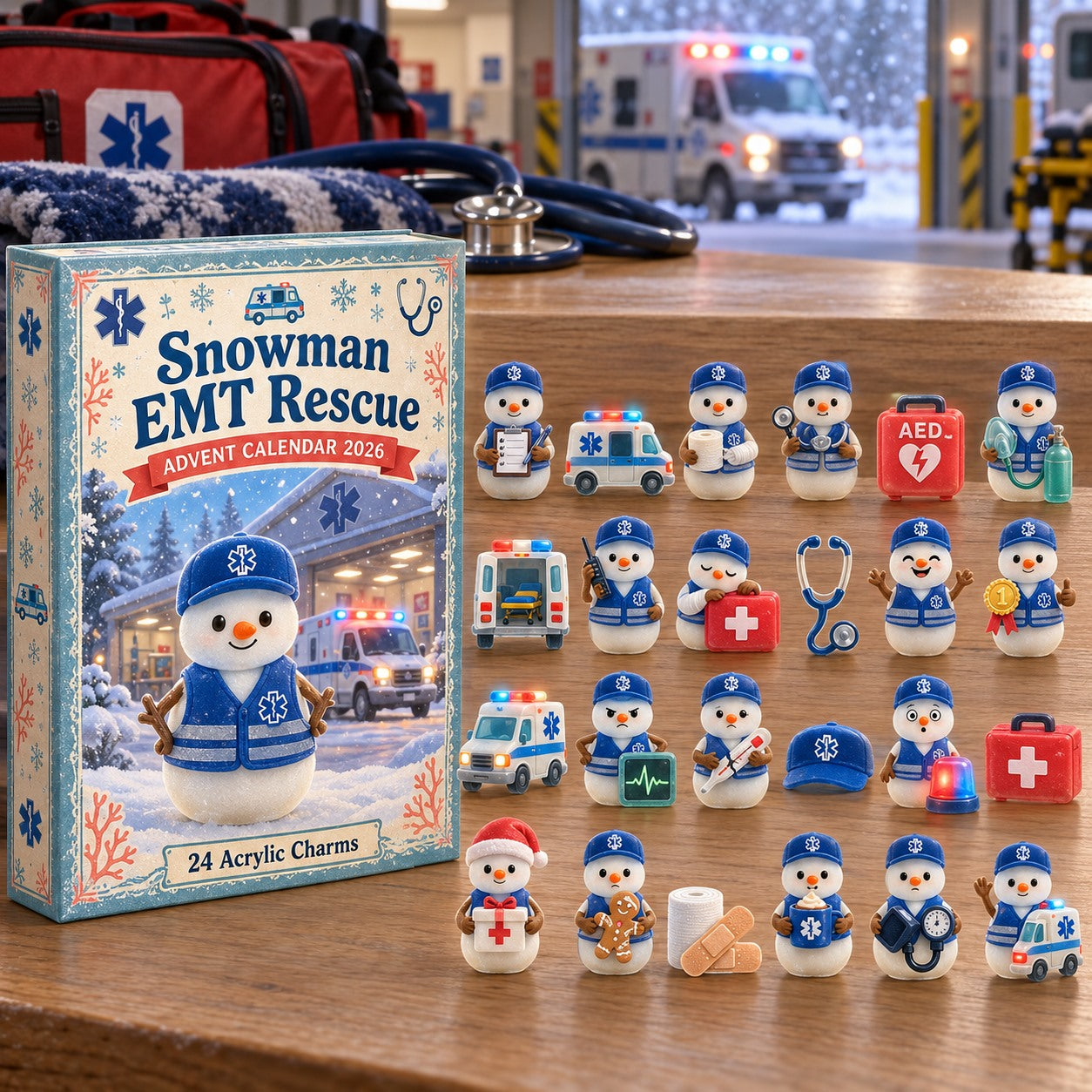 Snowman EMT Rescue 3 advent calendar box with 24 acrylic Christmas charms