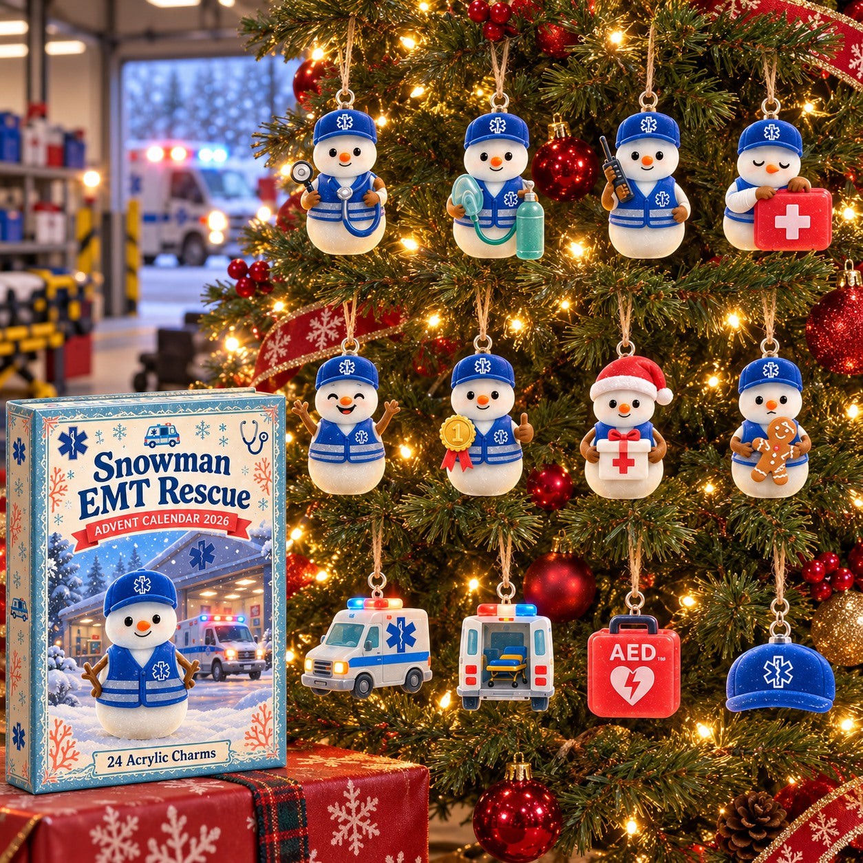 Snowman EMT Rescue 3 advent calendar box with 24 acrylic Christmas charms: box and charm sizes