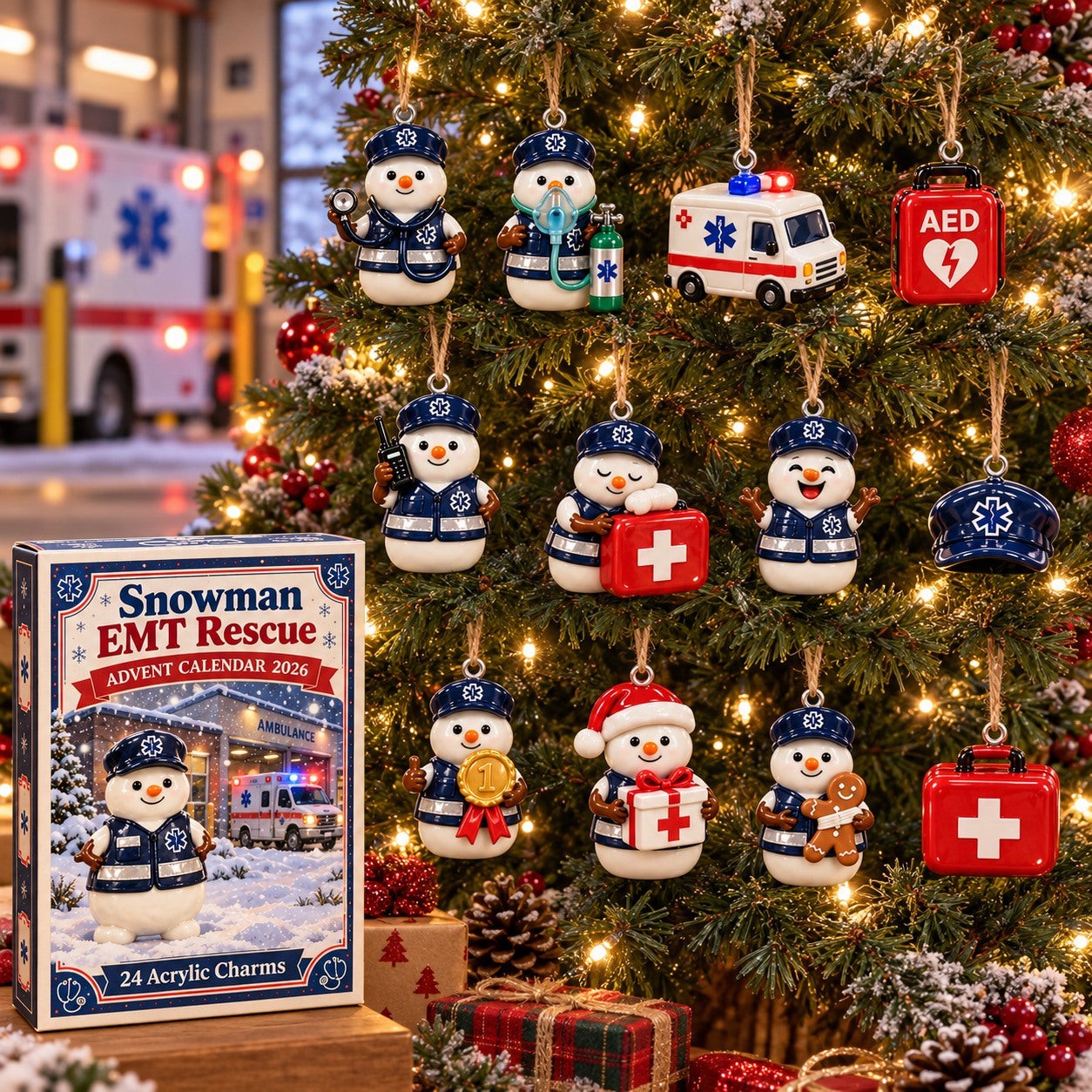 Snowman EMT Rescue advent calendar box with 24 acrylic Christmas charms: box and charm sizes