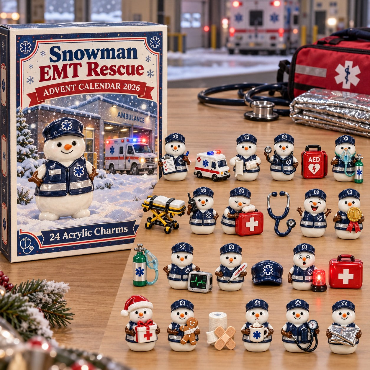 Snowman EMT Rescue advent calendar box with 24 acrylic Christmas charms