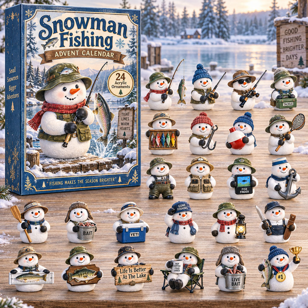 Snowman Fishing advent calendar box with 24 acrylic Christmas charms