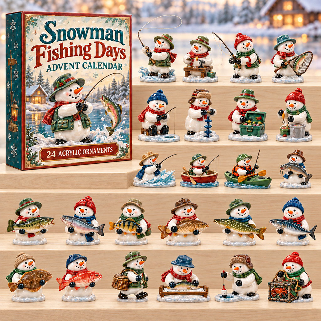 Snowman Fishing Days advent calendar box with 24 acrylic Christmas charms