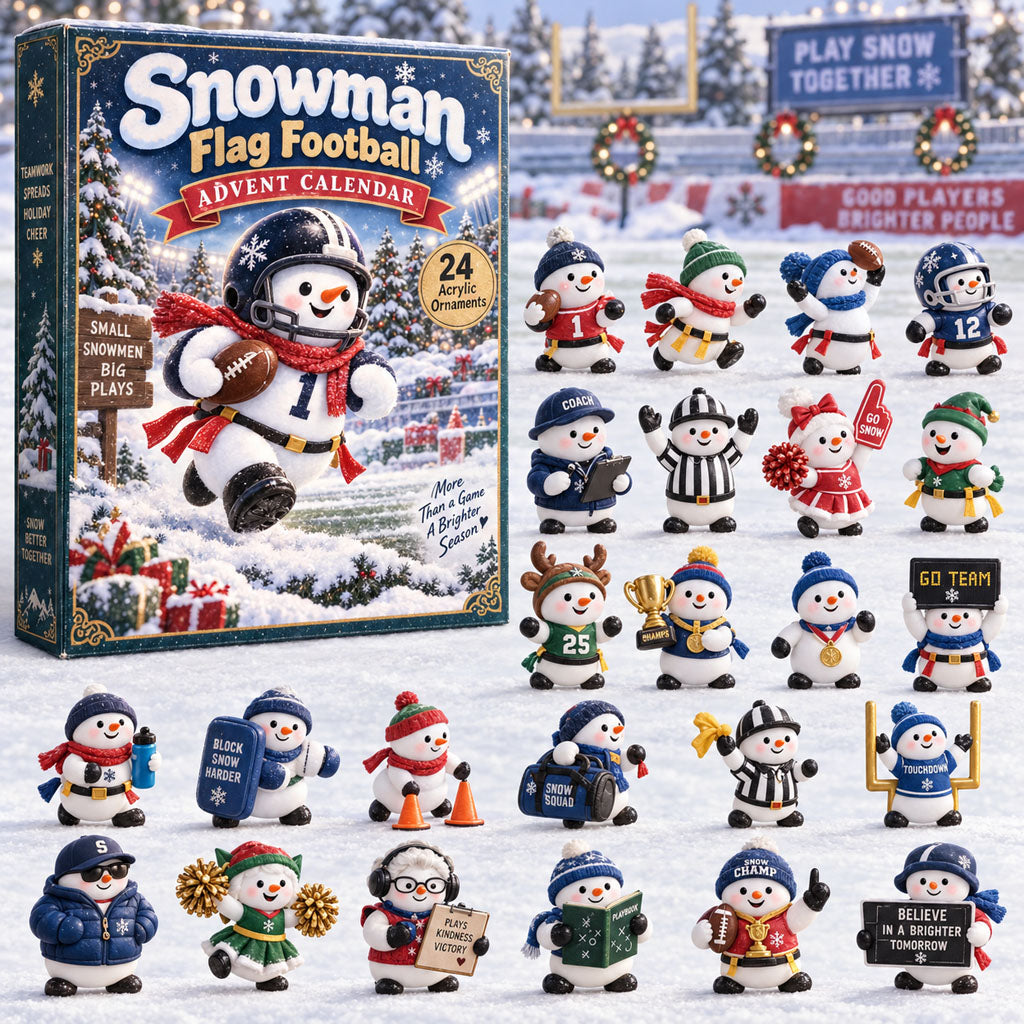 Snowman Flag Football advent calendar box with 24 acrylic Christmas charms