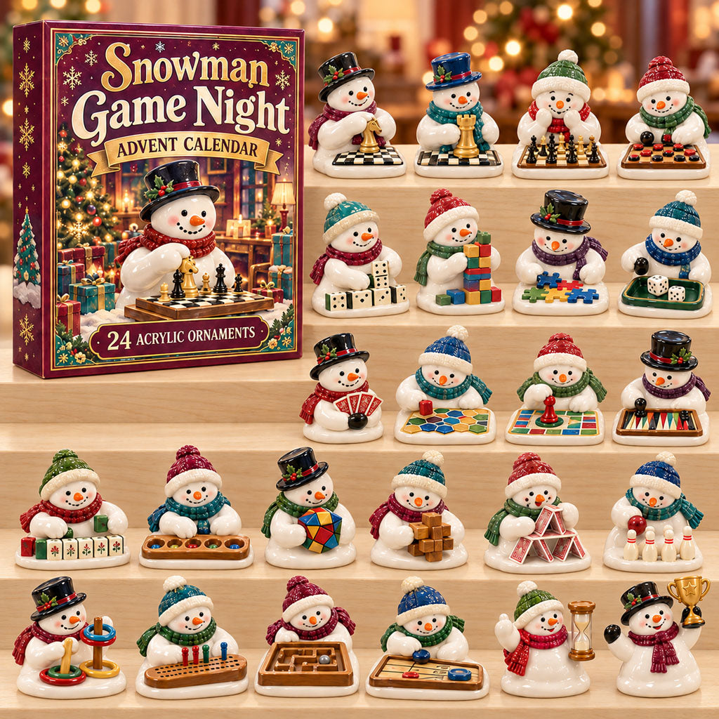 Snowman Game Night advent calendar box with 24 acrylic Christmas charms