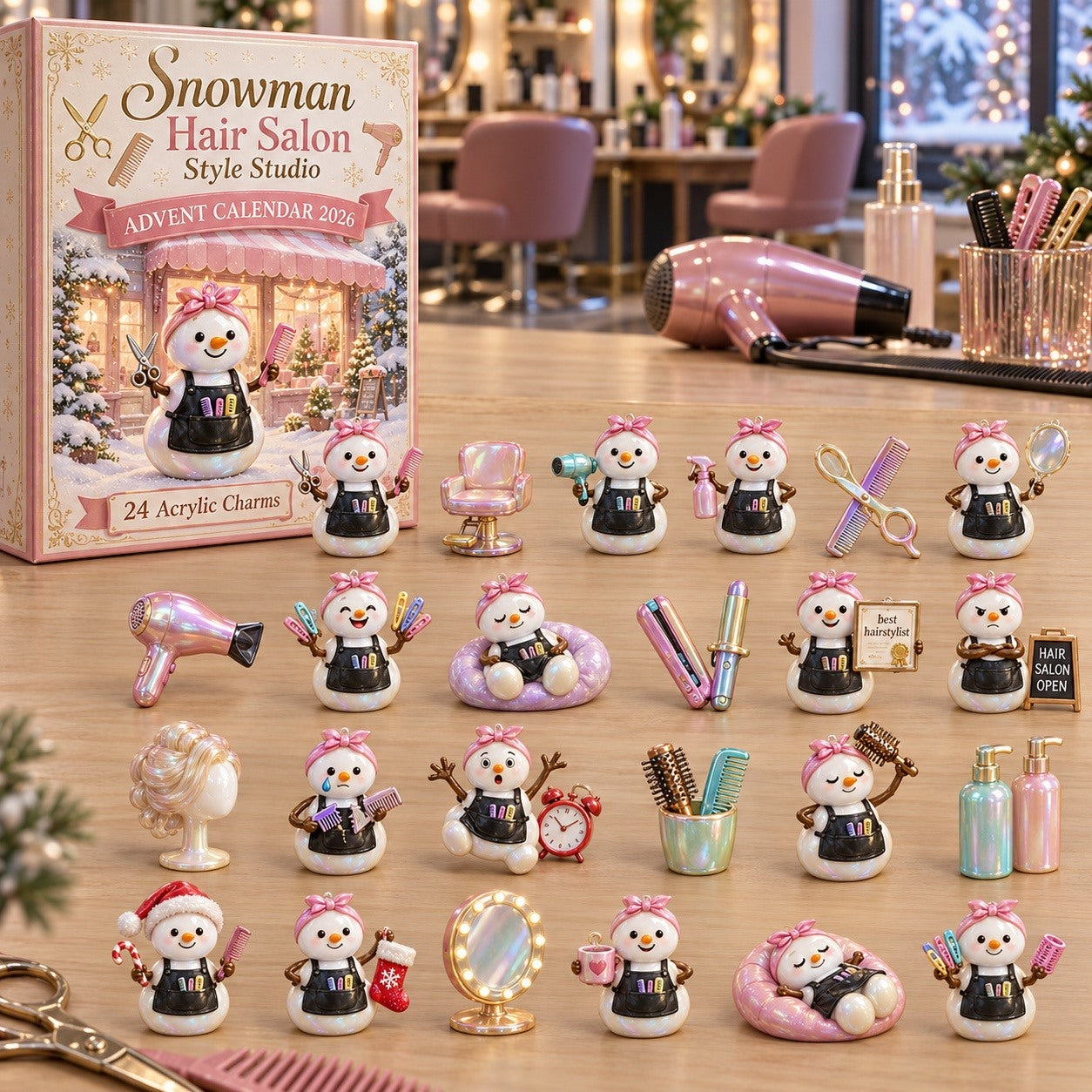 Snowman Hair Salon Style Studio advent calendar box with 24 acrylic Christmas charms