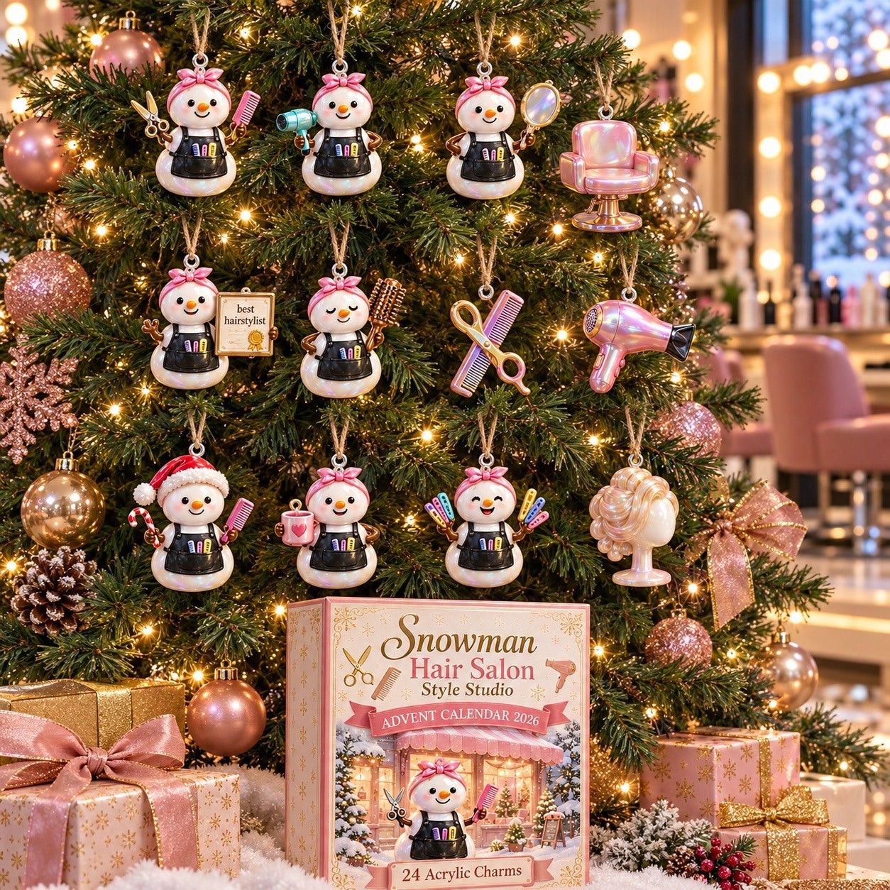 Snowman Hair Salon Style Studio advent calendar box with 24 acrylic Christmas charms: box and charm sizes