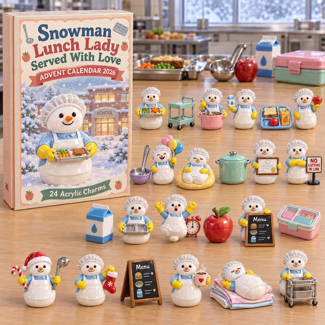 Snowman Lunch Lady Served with Love advent calendar box with 24 acrylic Christmas charms