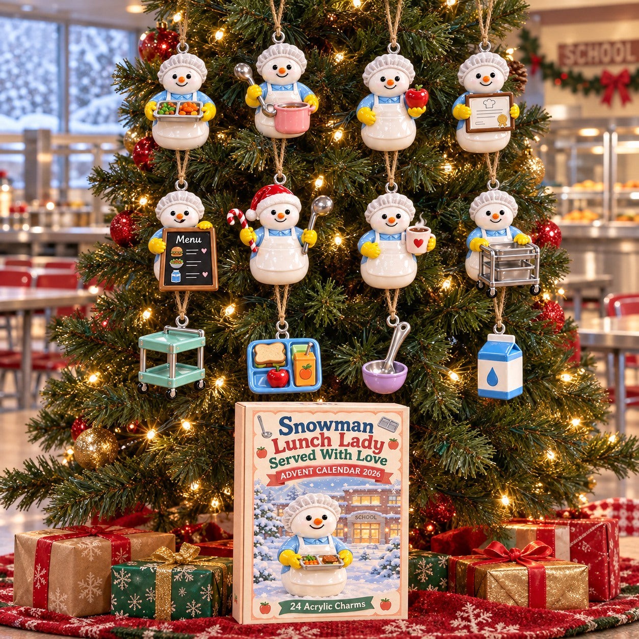 Snowman Lunch Lady Served with Love advent calendar box with 24 acrylic Christmas charms: box and charm sizes