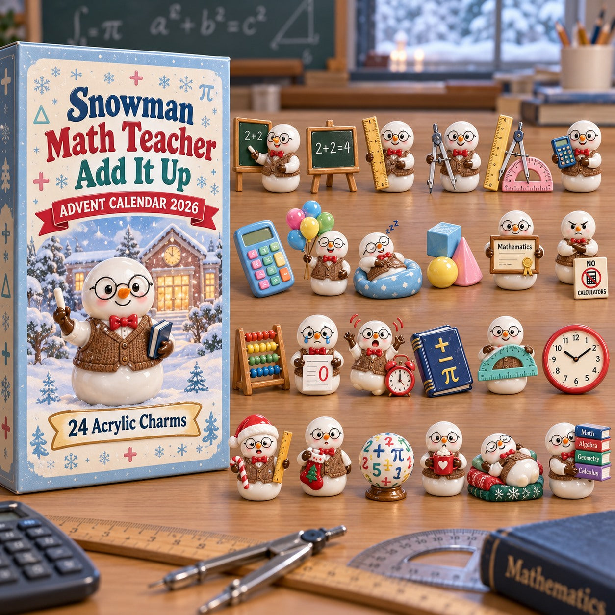 Snowman Math Teacher Add It Up advent calendar box with 24 acrylic Christmas charms