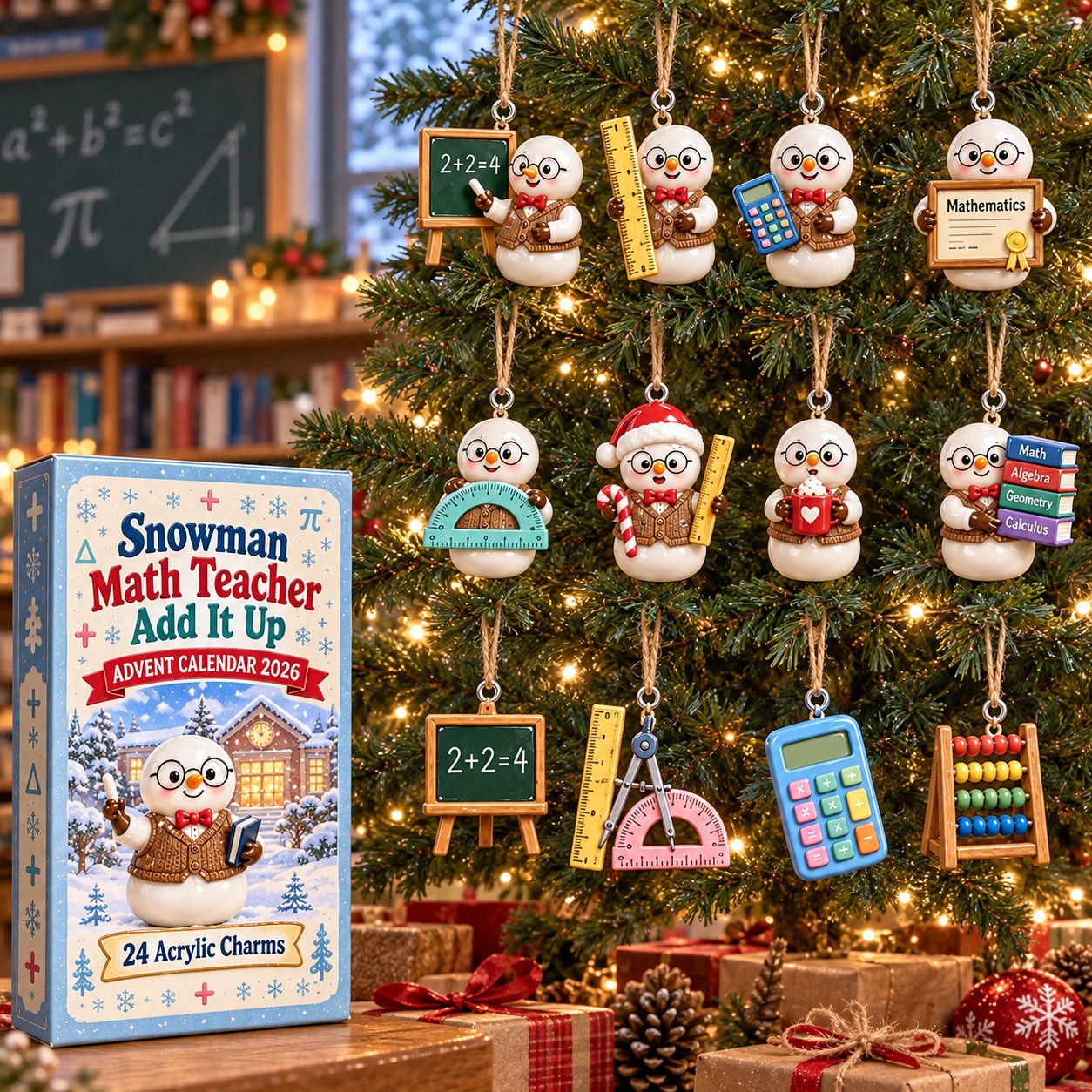 Snowman Math Teacher Add It Up advent calendar box with 24 acrylic Christmas charms: box and charm sizes
