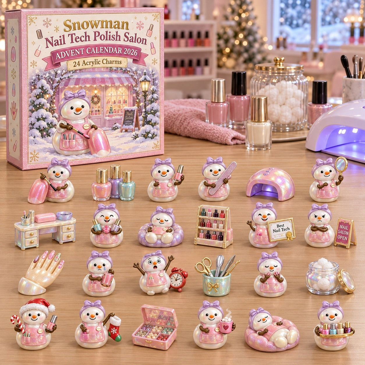 Snowman Nail Tech Polish Salon advent calendar box with 24 acrylic Christmas charms