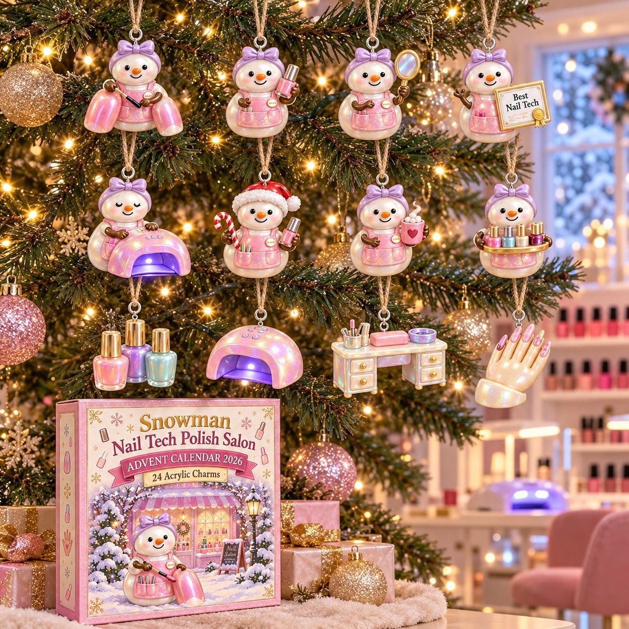 Snowman Nail Tech Polish Salon advent calendar box with 24 acrylic Christmas charms: box and charm sizes