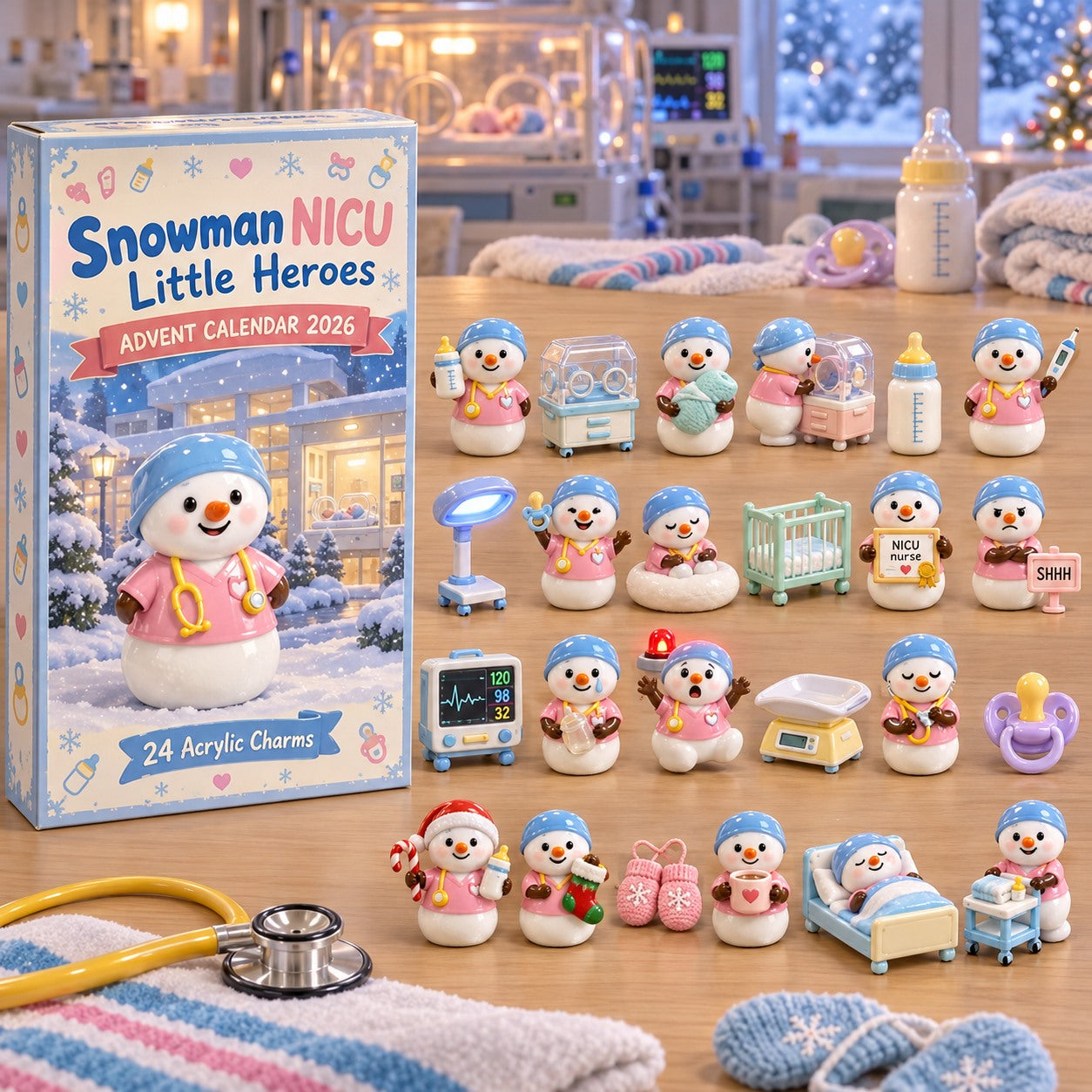 Snowman NICU Little Heroes advent calendar box with 24 acrylic Christmas charms