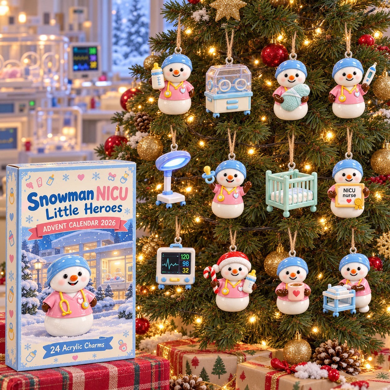 Snowman NICU Little Heroes advent calendar box with 24 acrylic Christmas charms: box and charm sizes