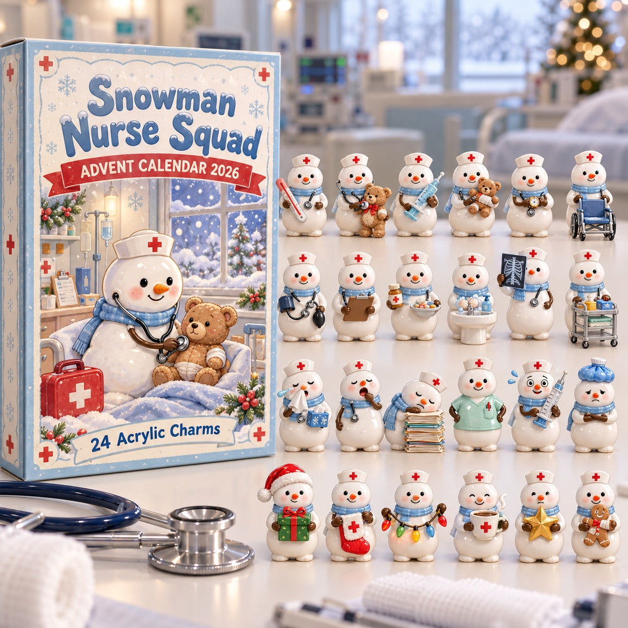 Snowman Nurse Squad advent calendar box with 24 acrylic Christmas charms