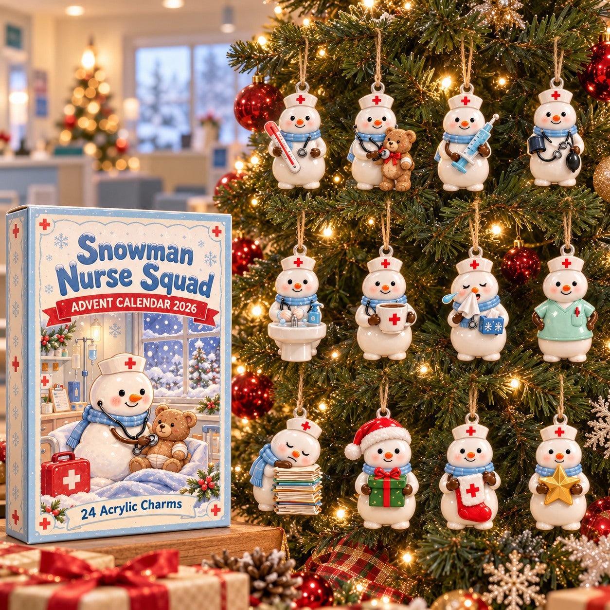 Snowman Nurse Squad advent calendar box with 24 acrylic Christmas charms: box and charm sizes