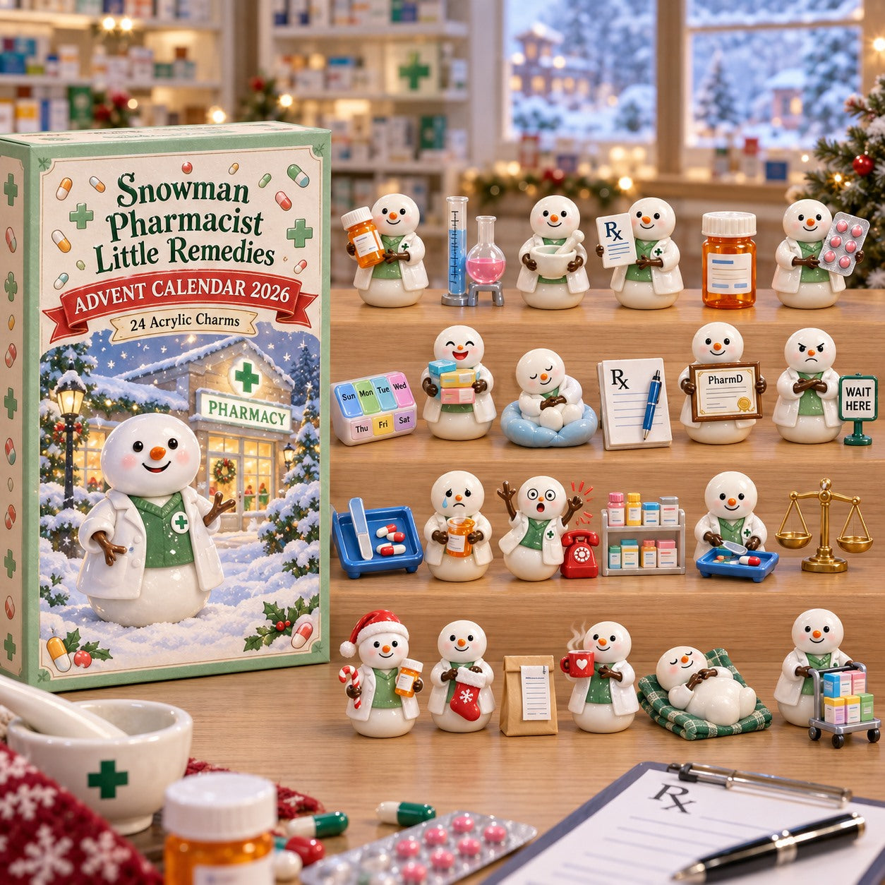 Snowman Pharmacist Little Remedies advent calendar box with 24 acrylic Christmas charms