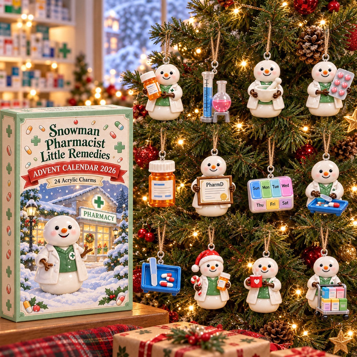 Snowman Pharmacist Little Remedies advent calendar box with 24 acrylic Christmas charms: box and charm sizes