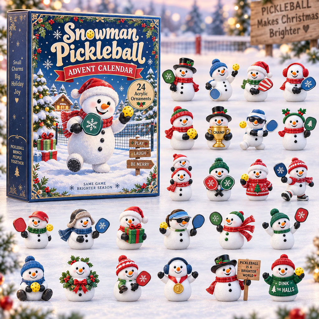 Snowman Pickleball advent calendar box with 24 acrylic Christmas charms