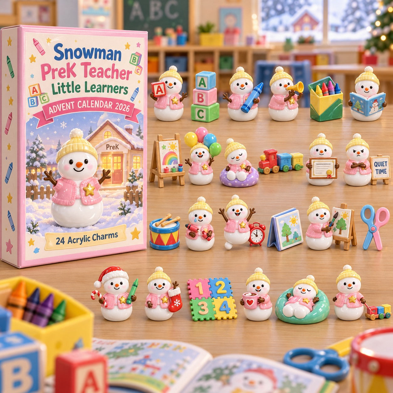 Snowman PreK Teacher Little Learners advent calendar box with 24 acrylic Christmas charms