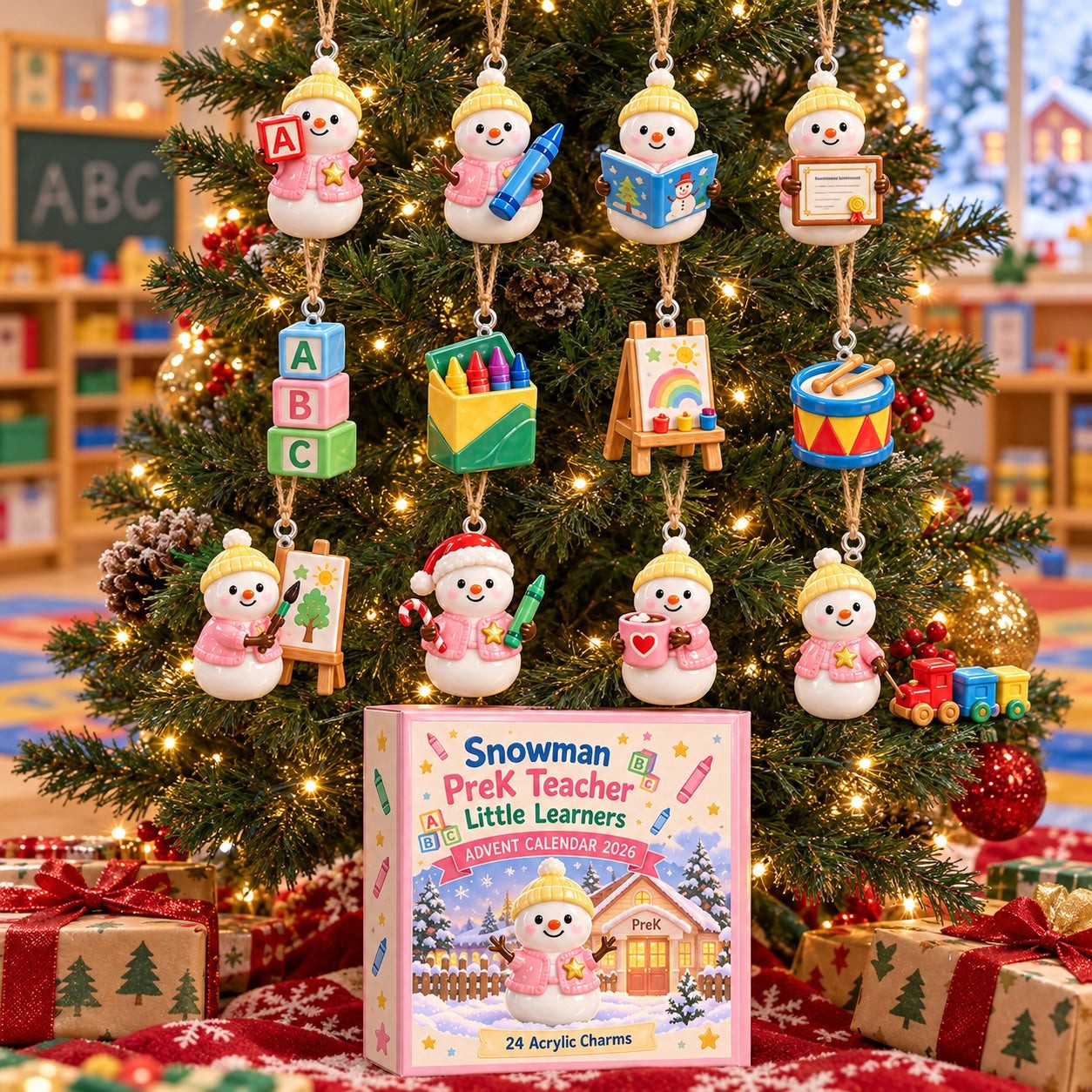 Snowman PreK Teacher Little Learners advent calendar box with 24 acrylic Christmas charms: box and charm sizes