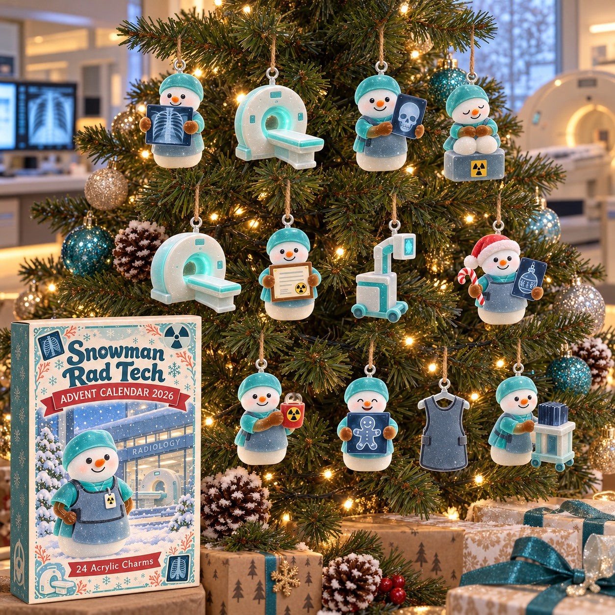 Snowman Rad Tech advent calendar box with 24 acrylic Christmas charms: box and charm sizes