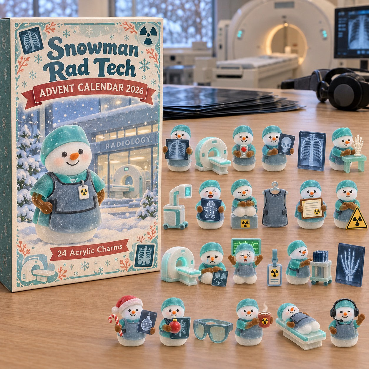 Snowman Rad Tech advent calendar box with 24 acrylic Christmas charms