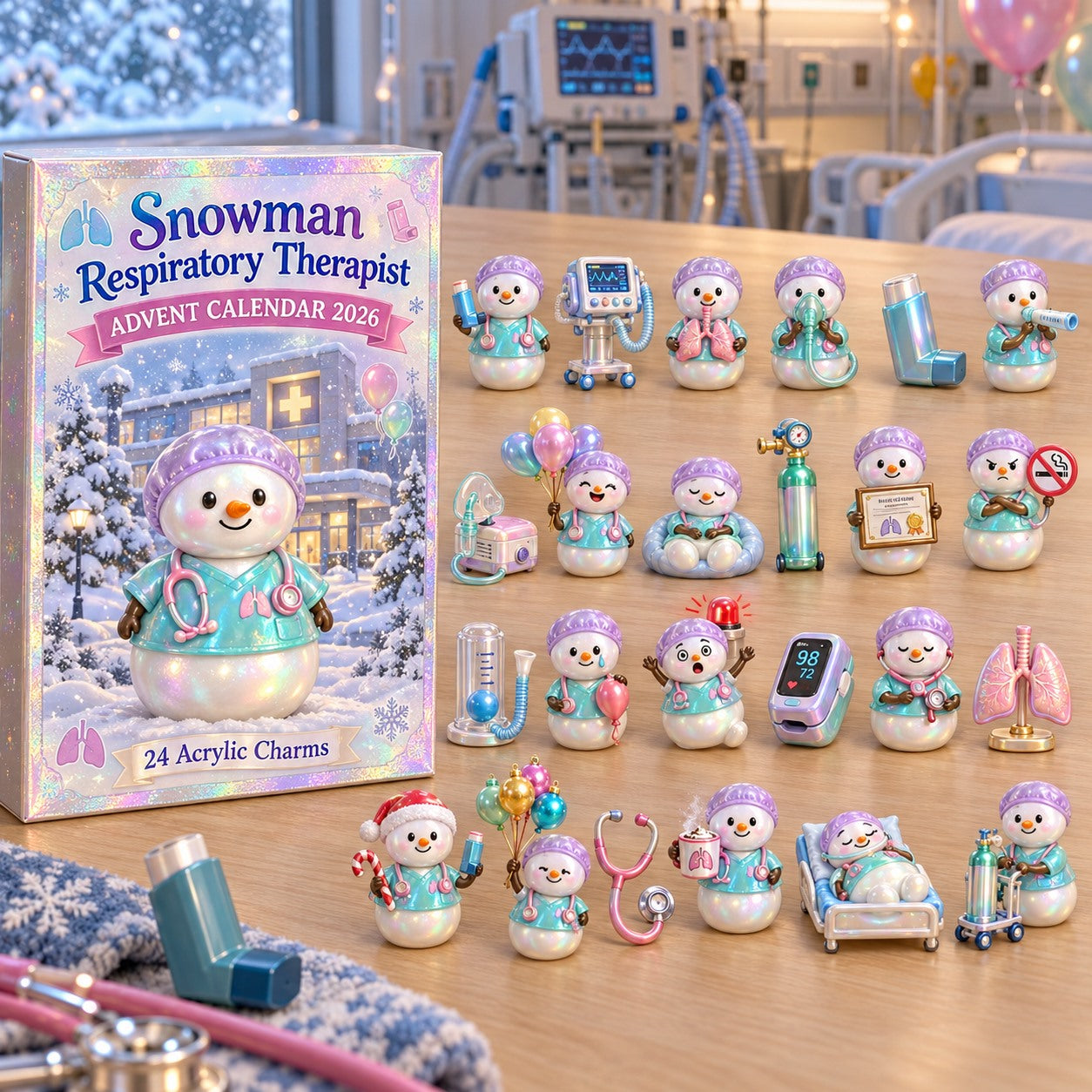 Snowman Respiratory Therapist advent calendar box with 24 acrylic Christmas charms
