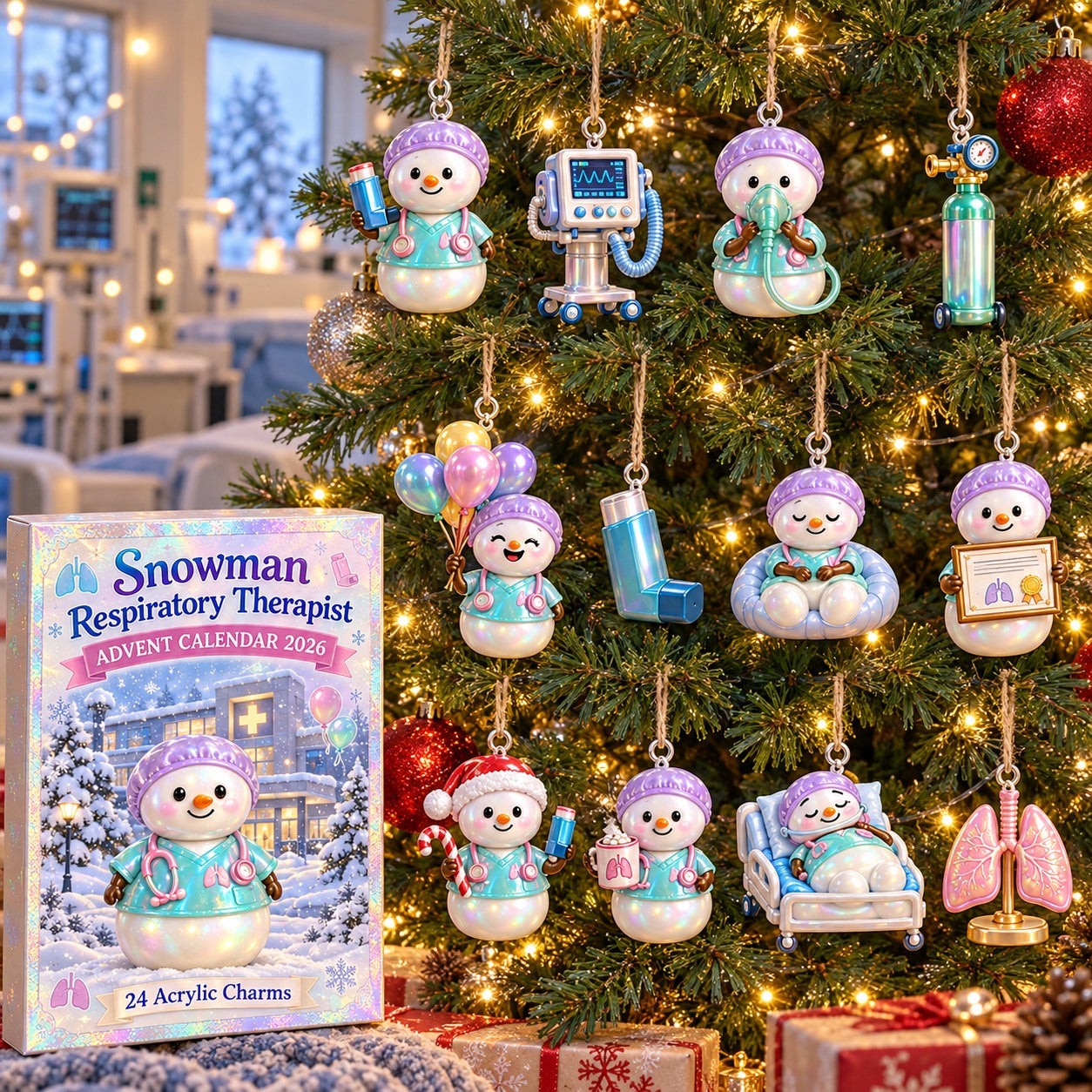 Snowman Respiratory Therapist advent calendar box with 24 acrylic Christmas charms: box and charm sizes