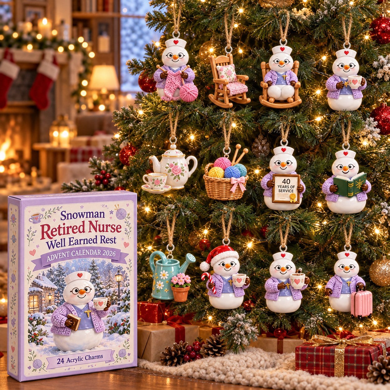 Snowman Retired Nurse Well Earned Rest advent calendar box with 24 acrylic Christmas charms: box and charm sizes