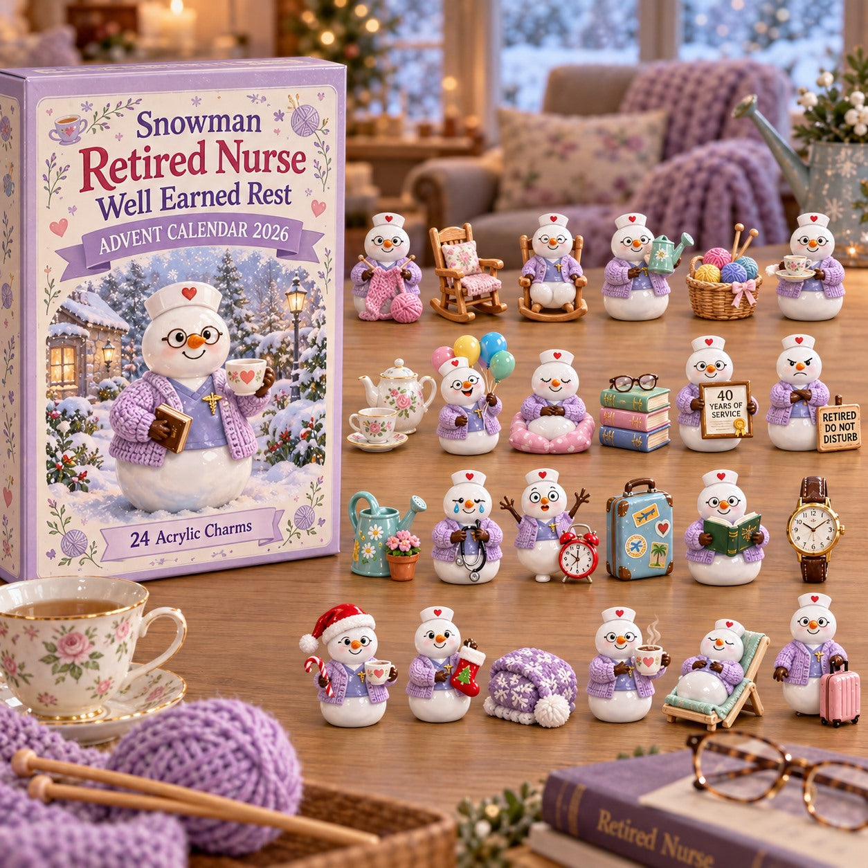 Snowman Retired Nurse Well Earned Rest advent calendar box with 24 acrylic Christmas charms