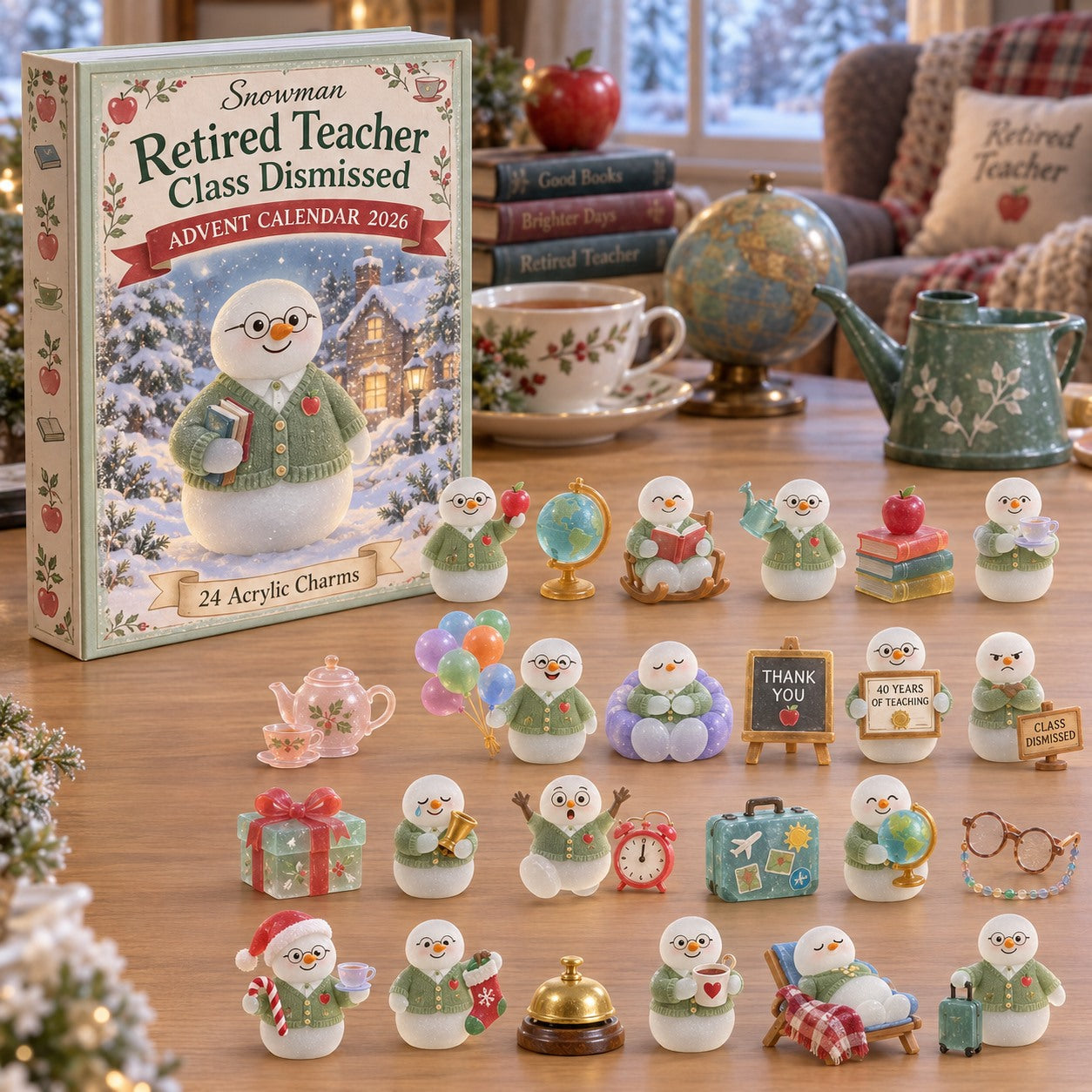 Snowman Retired Teacher Class Dismissed advent calendar box with 24 acrylic Christmas charms