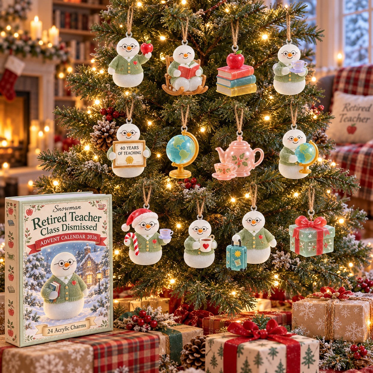 Snowman Retired Teacher Class Dismissed advent calendar box with 24 acrylic Christmas charms: box and charm sizes