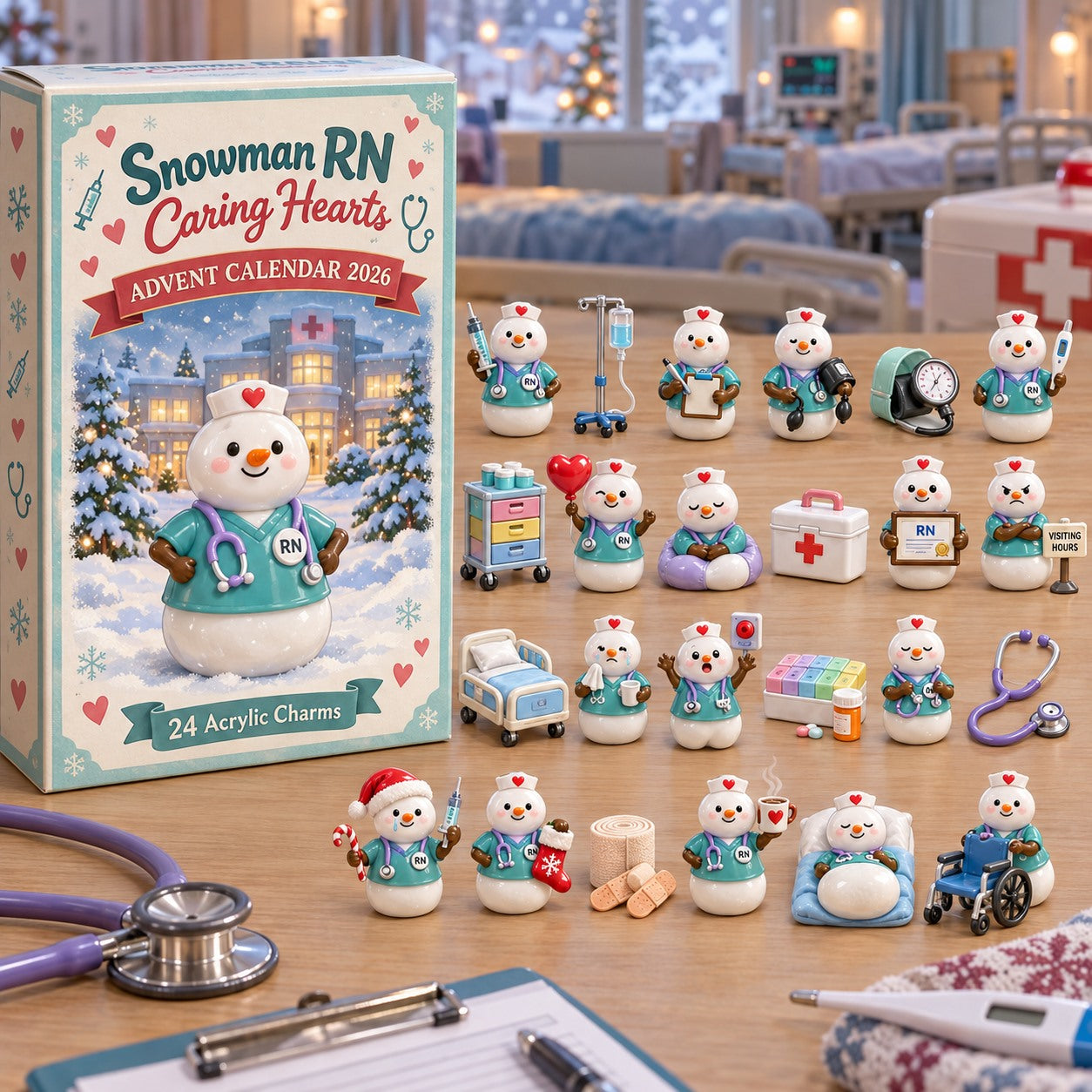 Snowman RN Caring Hearts advent calendar box with 24 acrylic Christmas charms