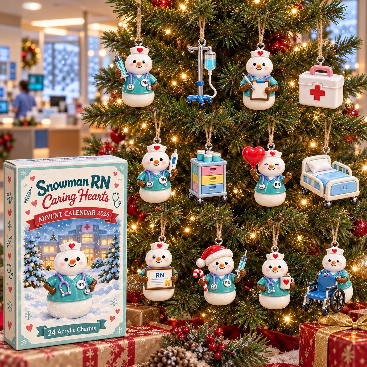 Snowman RN Caring Hearts advent calendar box with 24 acrylic Christmas charms: box and charm sizes