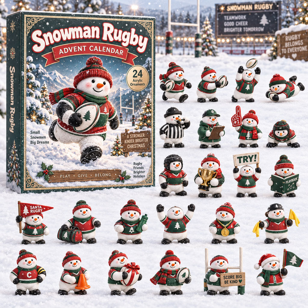 Snowman Rugby advent calendar box with 24 acrylic Christmas charms