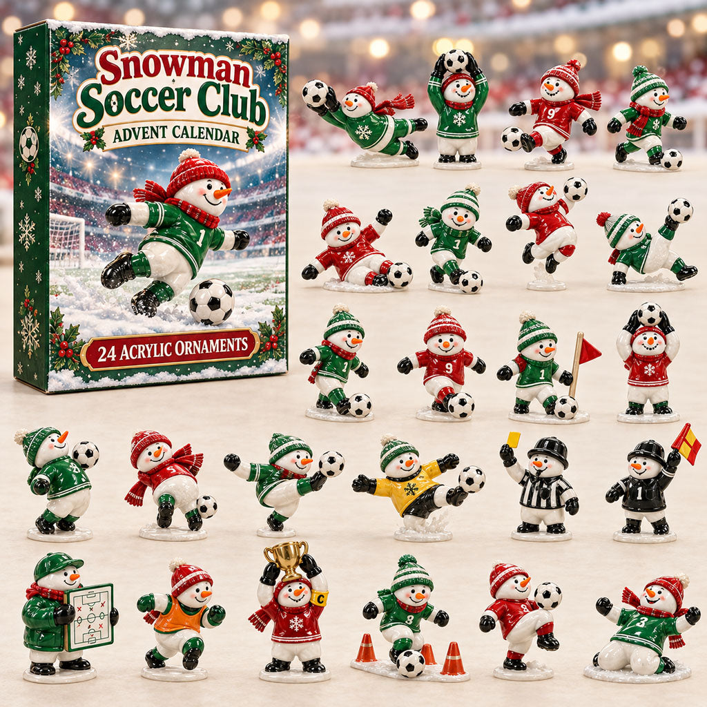 Snowman Soccer Club advent calendar box with 24 acrylic Christmas charms