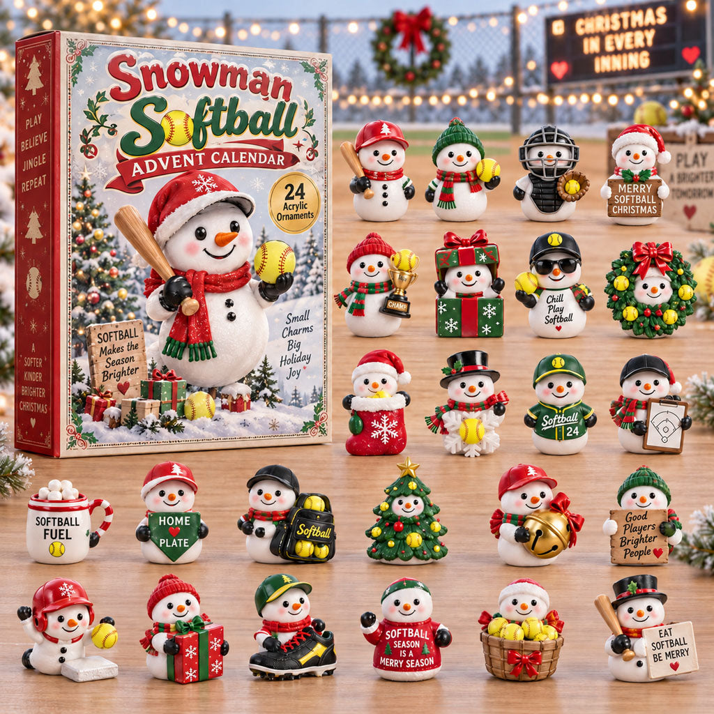 Snowman Softball advent calendar box with 24 acrylic Christmas charms