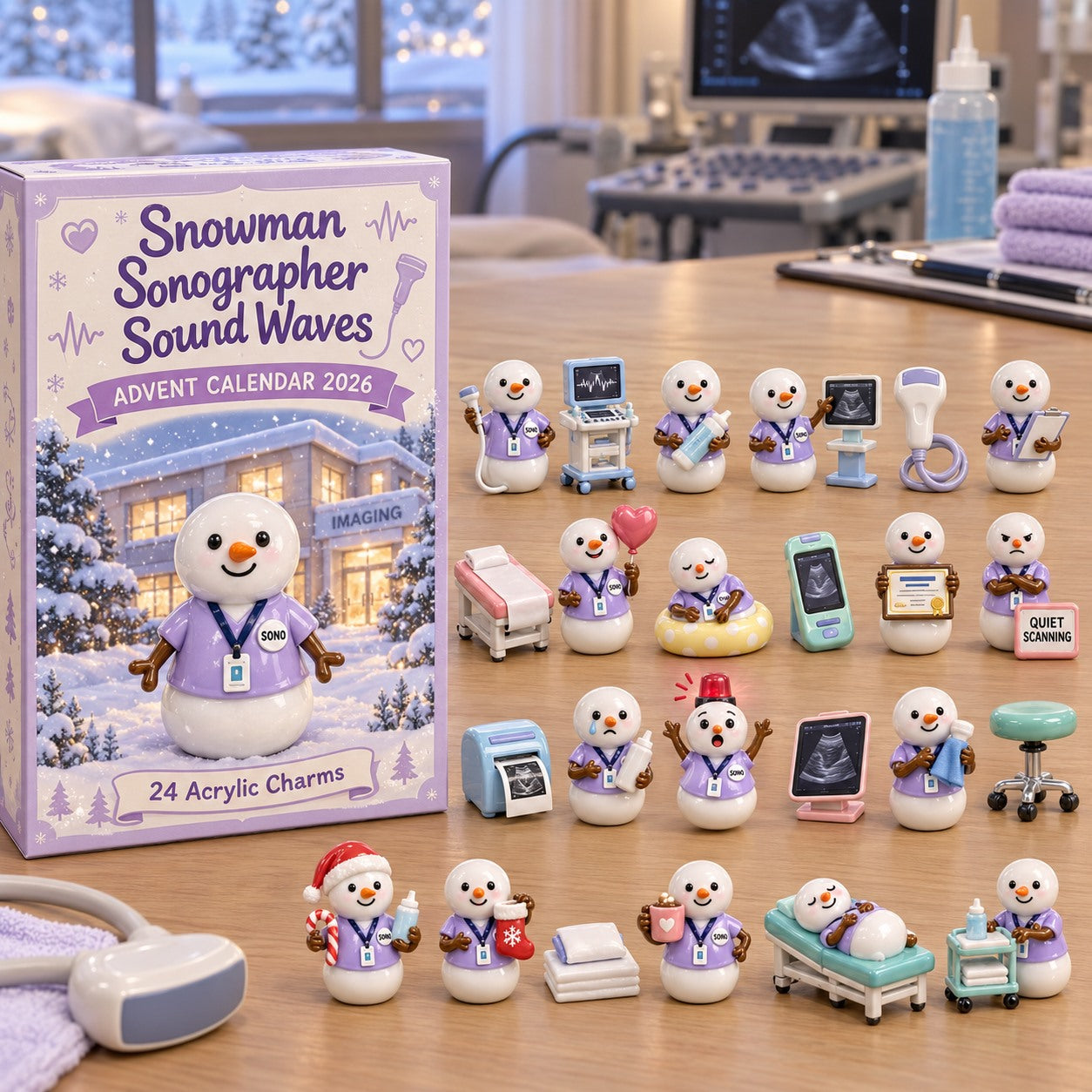 Snowman Sonographer Sound Waves advent calendar box with 24 acrylic Christmas charms