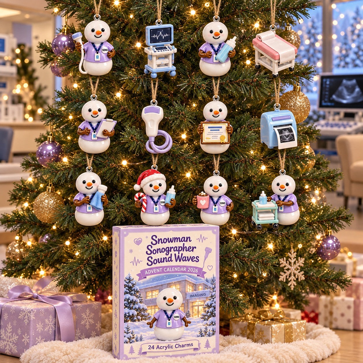 Snowman Sonographer Sound Waves advent calendar box with 24 acrylic Christmas charms: box and charm sizes