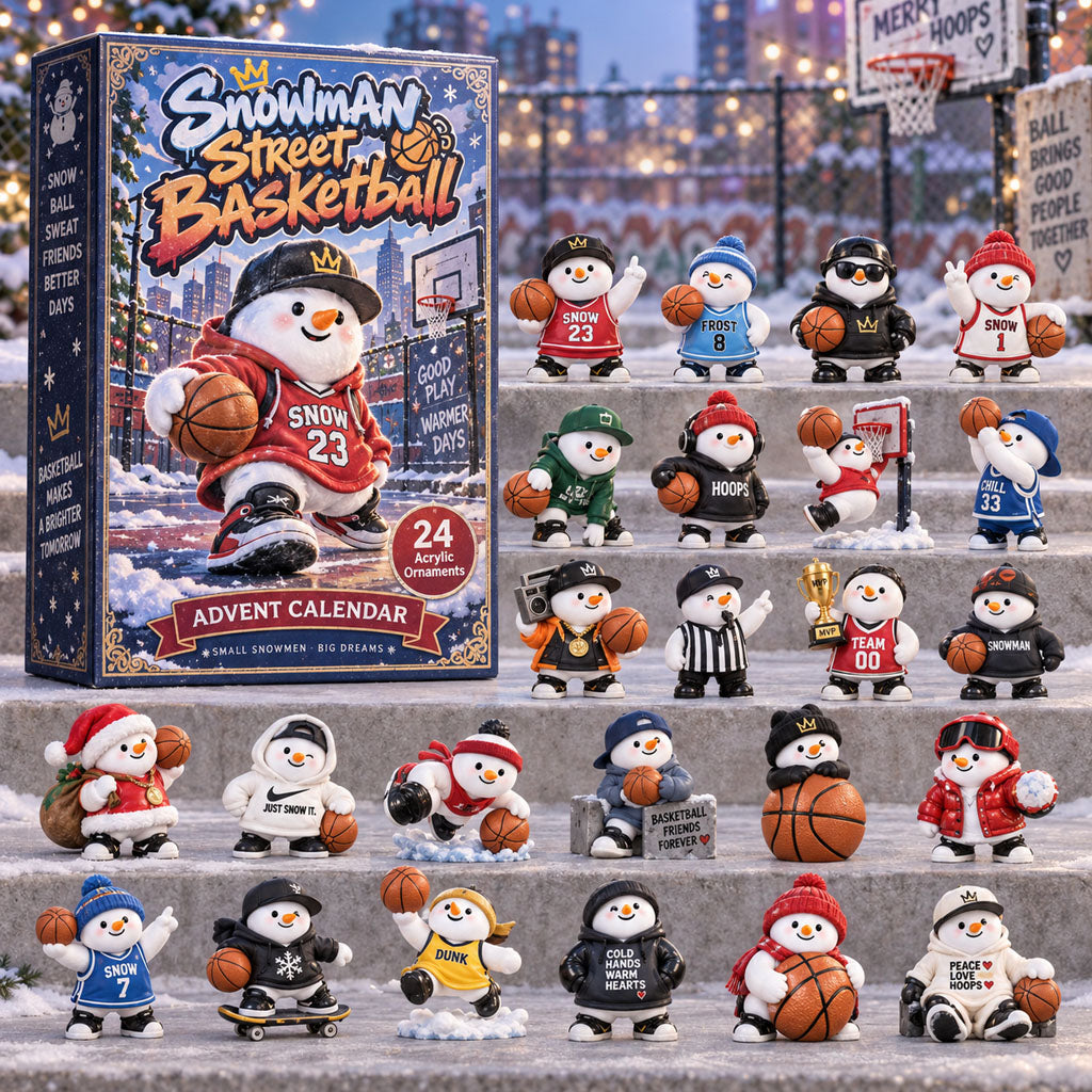 Snowman Street Basketball advent calendar box with 24 acrylic Christmas charms
