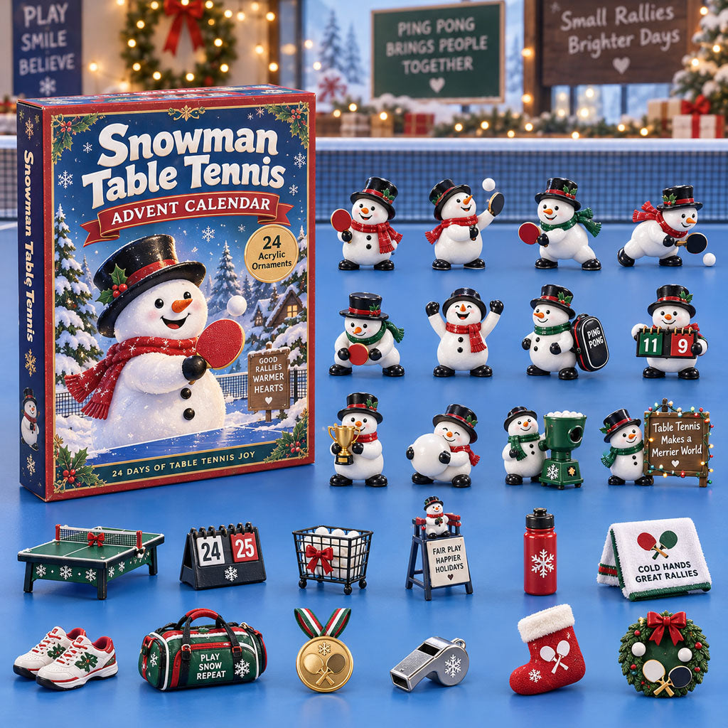 Snowman Table Tennis advent calendar box with 24 acrylic Christmas charms