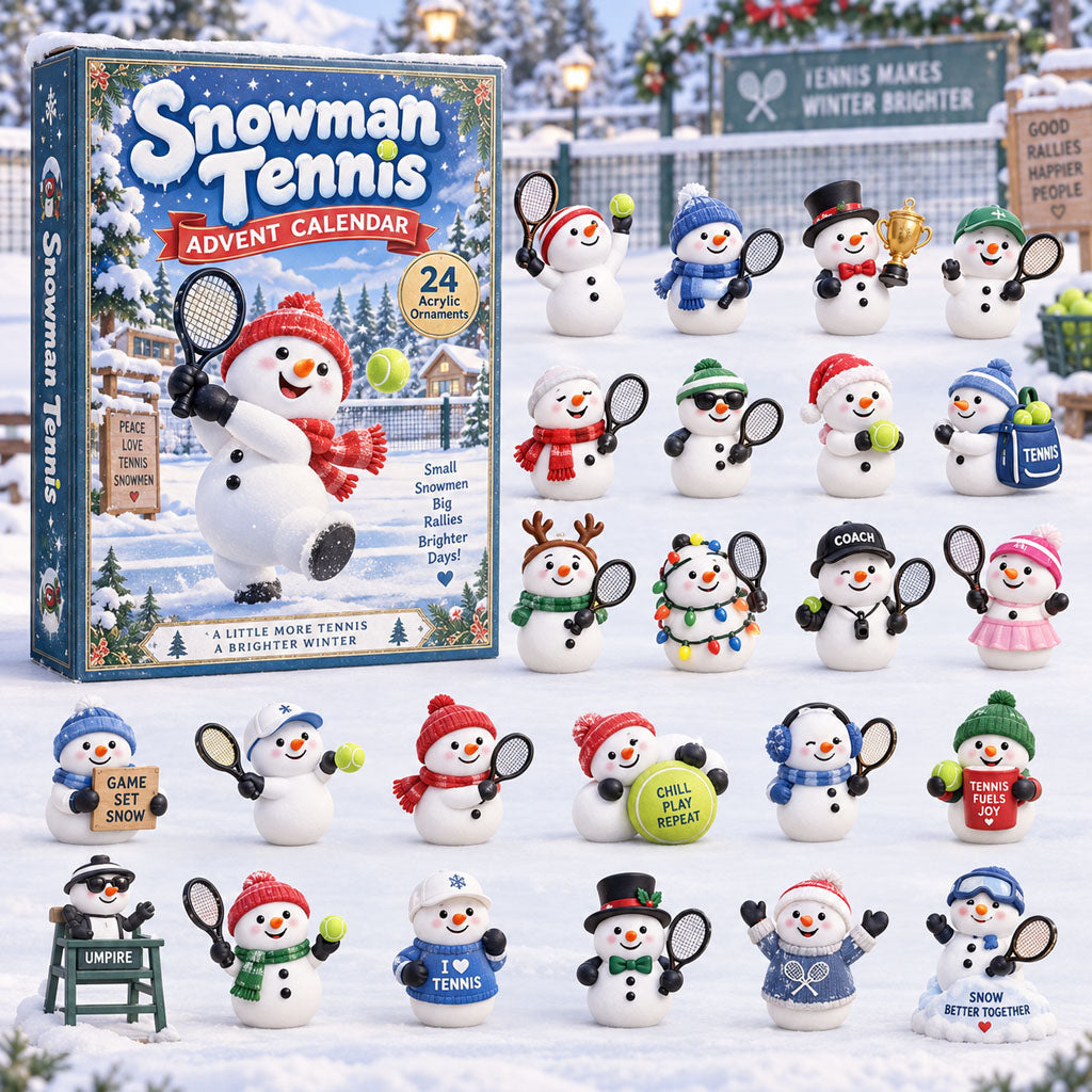 Snowman Tennis advent calendar box with 24 acrylic Christmas charms