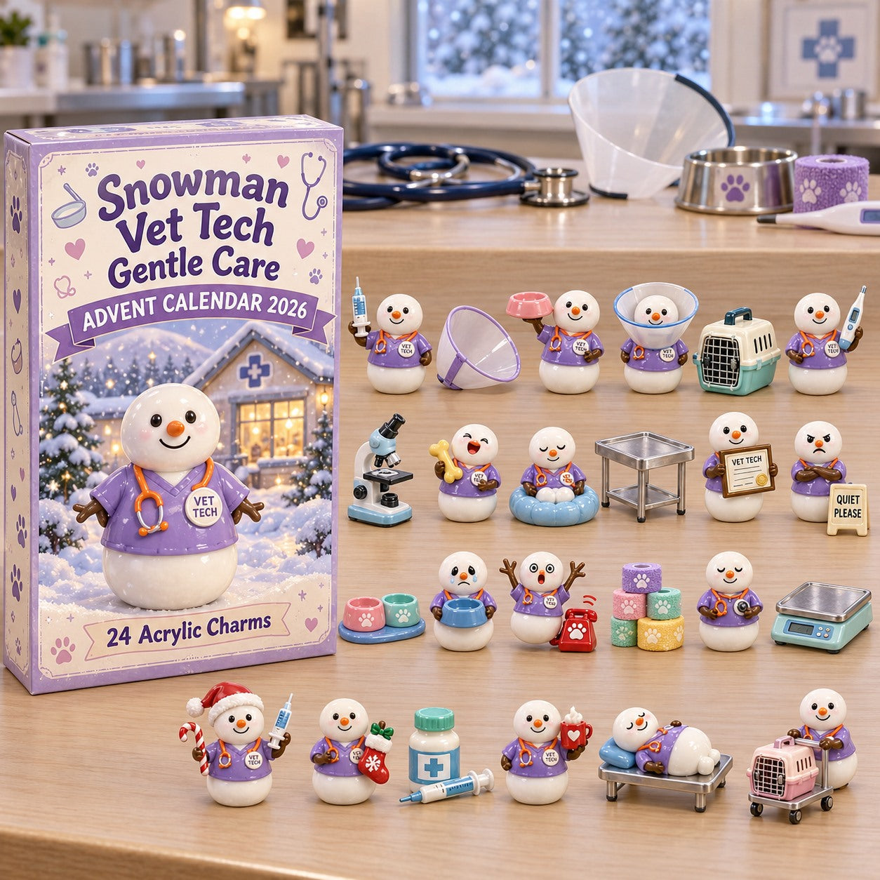 Snowman Vet Tech Gentle Care advent calendar box with 24 acrylic Christmas charms
