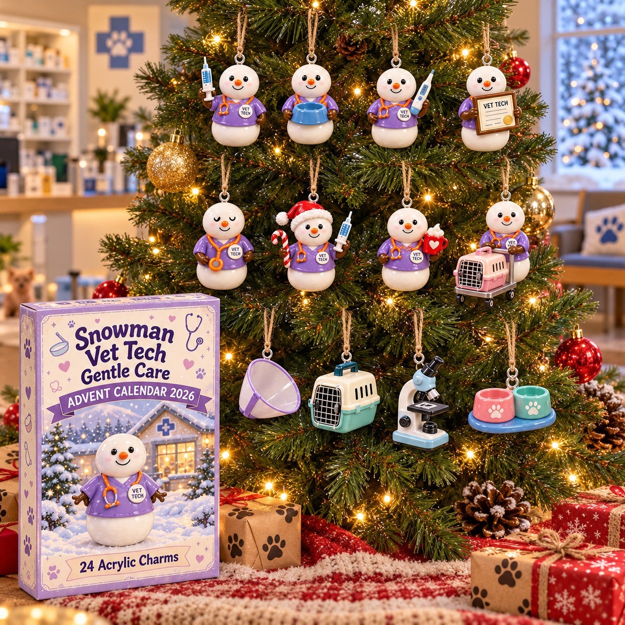 Snowman Vet Tech Gentle Care advent calendar box with 24 acrylic Christmas charms: box and charm sizes