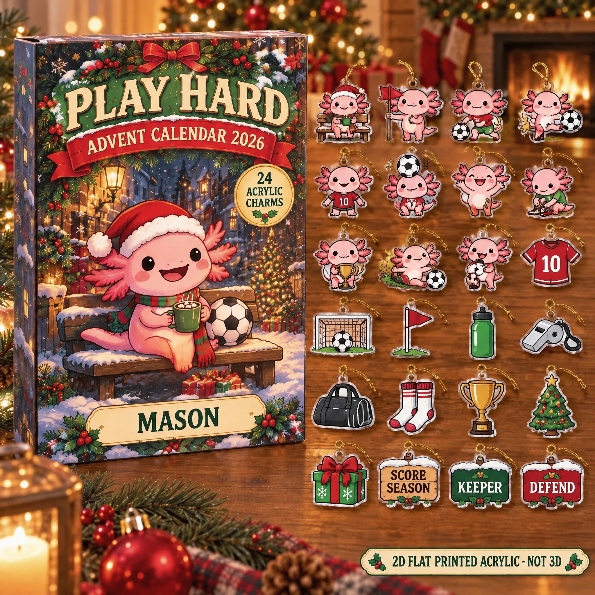 Personalized Soccer Axolotl advent calendar box with 24 flat acrylic Christmas charms