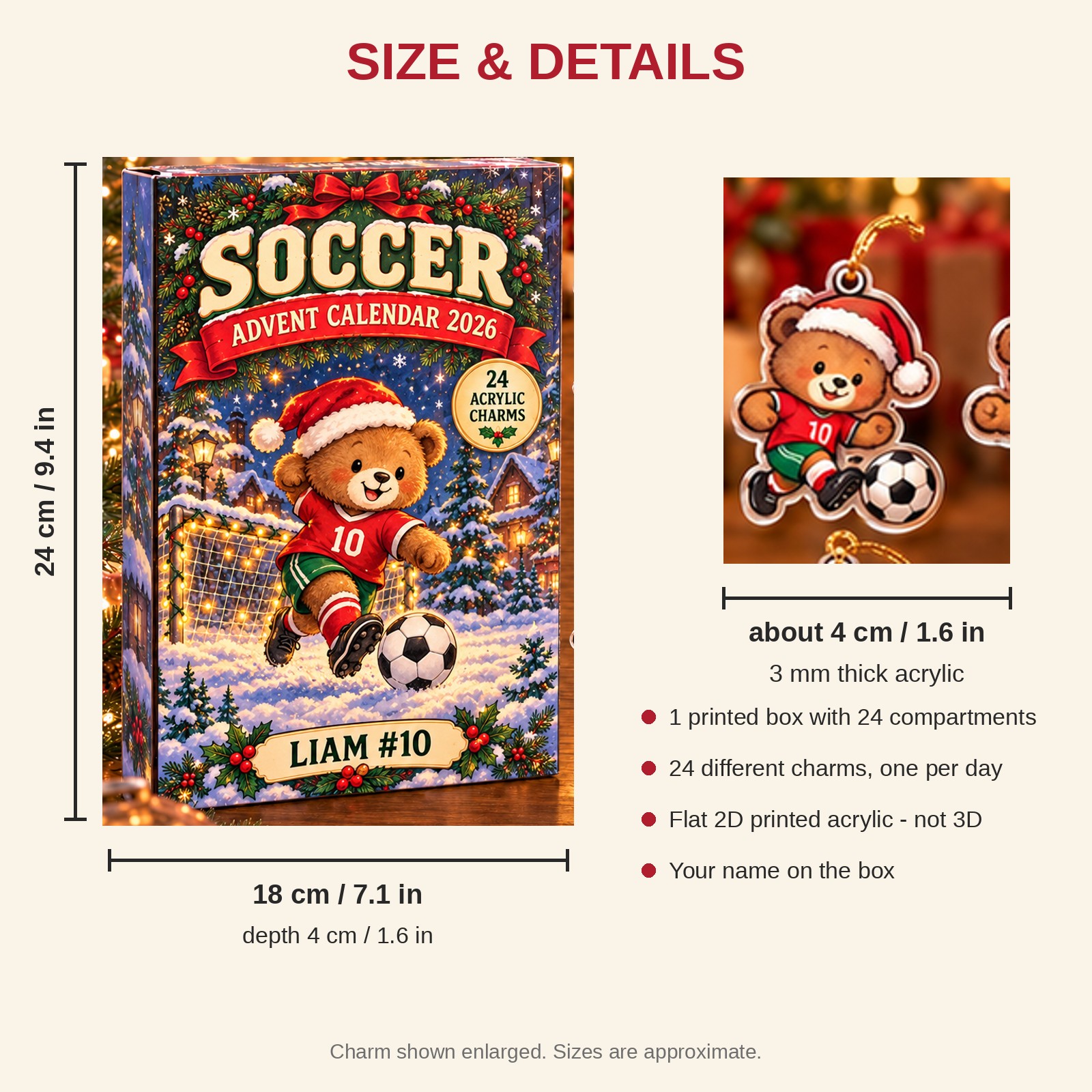 Personalized Soccer Bear advent calendar box with 24 flat acrylic Christmas charms: box and charm sizes