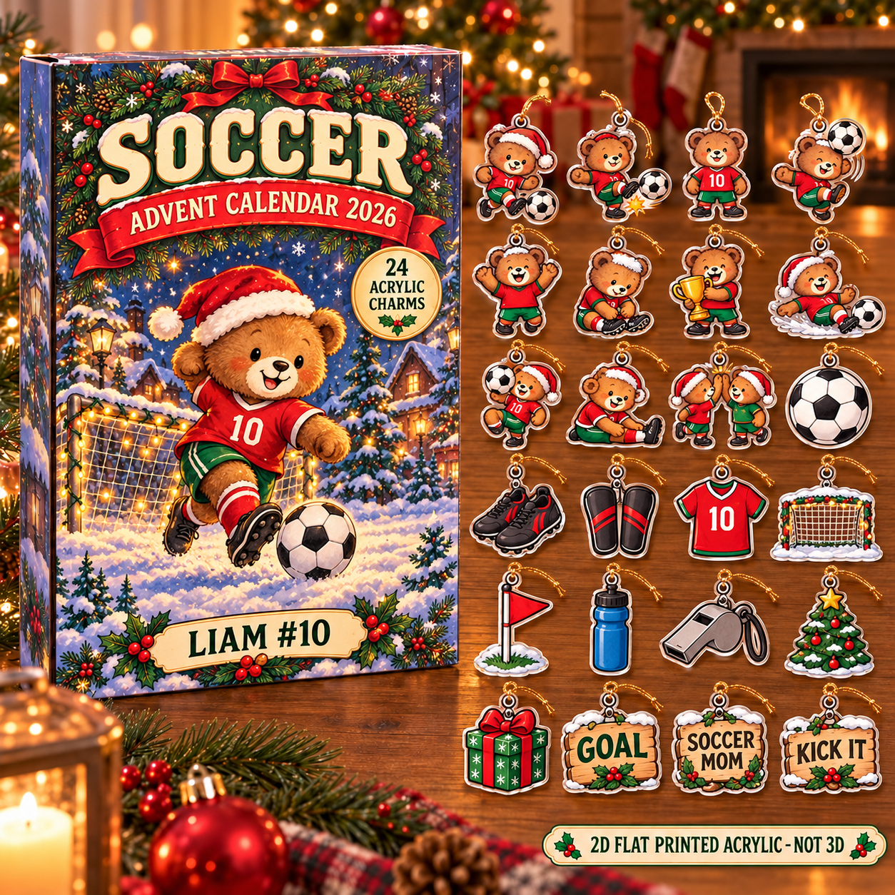 Personalized Soccer Bear advent calendar box with 24 flat acrylic Christmas charms