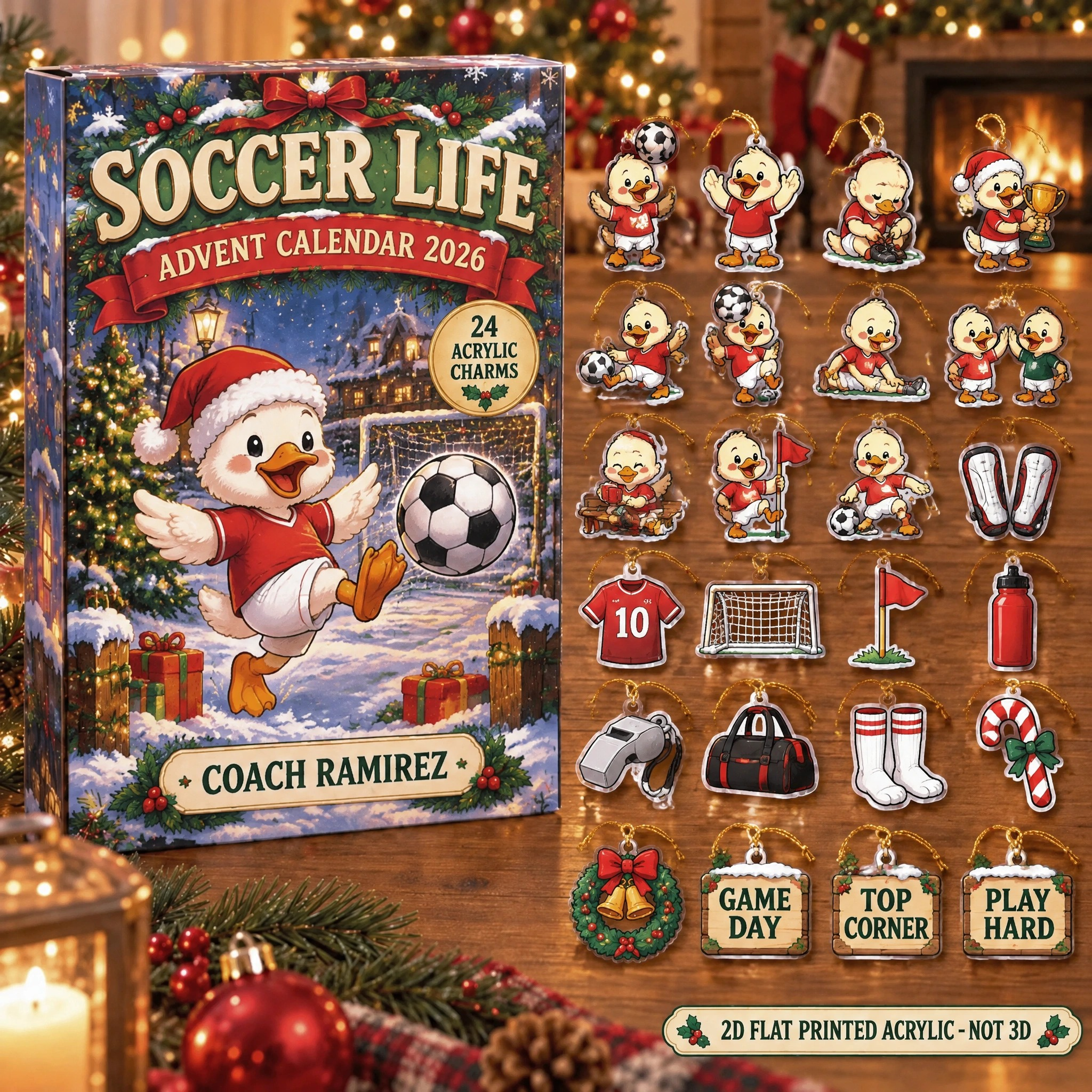 Personalized Soccer Duck advent calendar box with 24 flat acrylic Christmas charms
