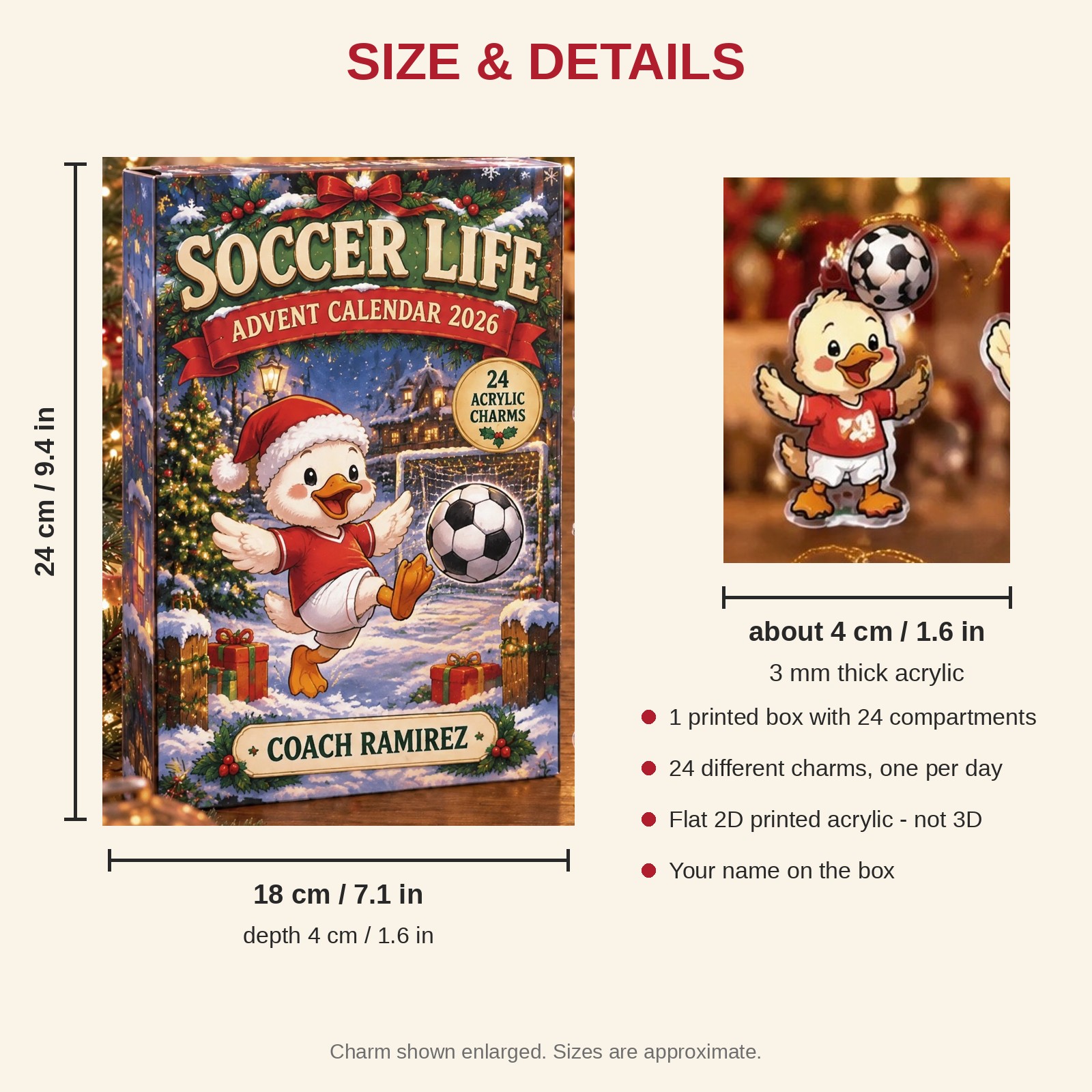 Personalized Soccer Duck advent calendar box with 24 flat acrylic Christmas charms: box and charm sizes